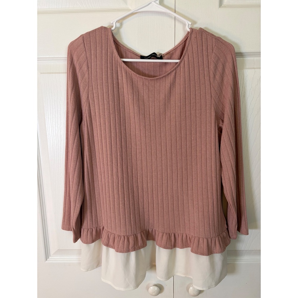 Ivanka Trump Womens Ribbed Knit Ruffle Hem Long Sleeve Top Pink Size M Tiered